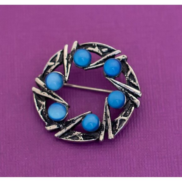 Vintage Boho Open Circle Stone Silver Tone Brooch - Q17 - Picture 1 of 2